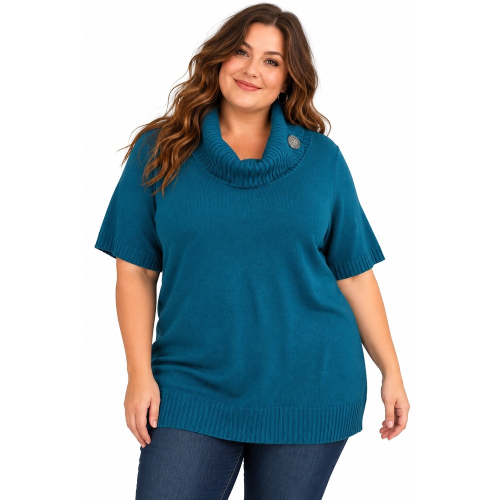 Worthington Woman 3X Teal Cowl Neck Sweater Tunic Short Sleeve Plus Size Cozy